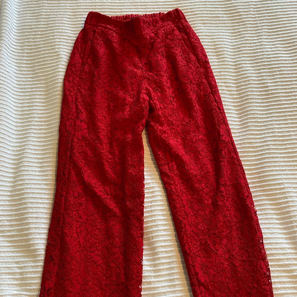 J Crew red lace crop pant